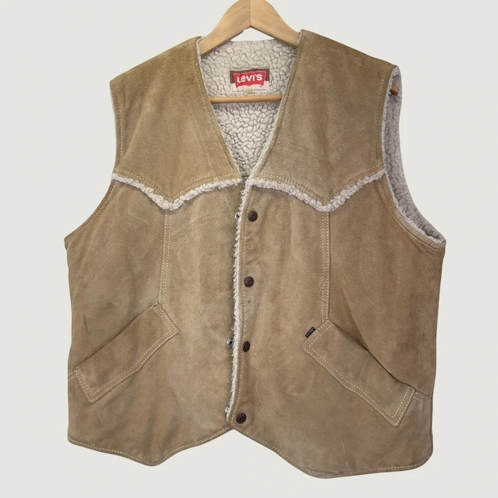 Levis Suede Sherpa Lined Western Vest XL Tan Brown Vintage 70s 80s Cowboy Rugged